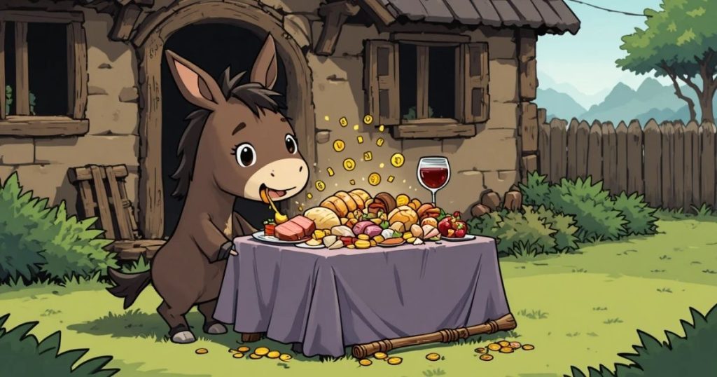 ภาพประกอบนิทานกริมม์เรื่องโต๊ะวิเศษ ลาเงินทอง และกระบองในถุง