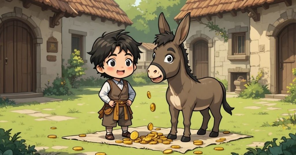 ภาพประกอบนิทานกริมม์เรื่องโต๊ะวิเศษ ลาเงินทอง และกระบองในถุง 3