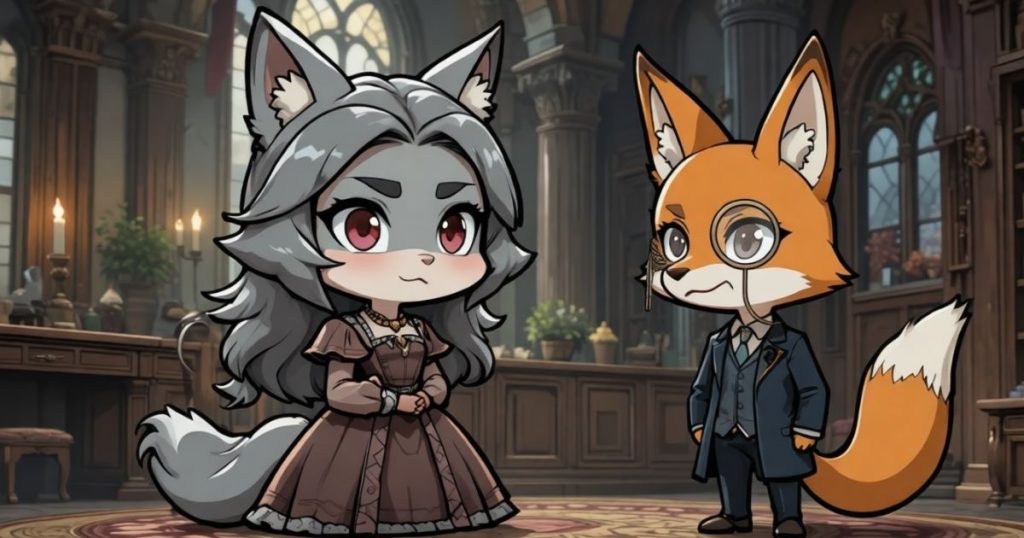 ภาพประกอบนิทานกริมม์เรื่องคุณนายหมาป่ากับจิ้งจอกเจ้าเล่ห์