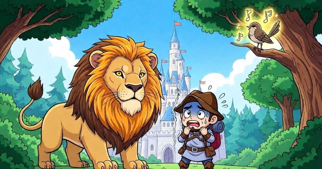 ภาพประกอบนิทานกริมม์เรื่องนกลาร์คร้องเพลงกระโดดโลดเต้น