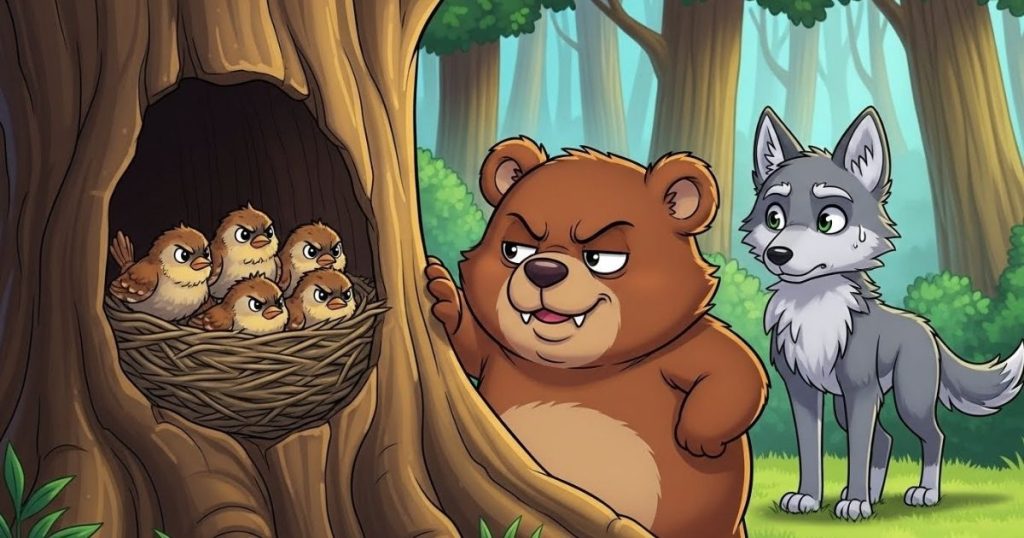 ภาพประกอบนิทานกริมม์เรื่องนกกระจิบใบไม้กับหมี