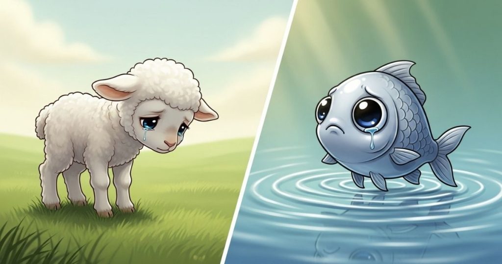 ภาพประกอบนิทานกริมม์เรื่องลูกแกะกับปลาตัวน้อย