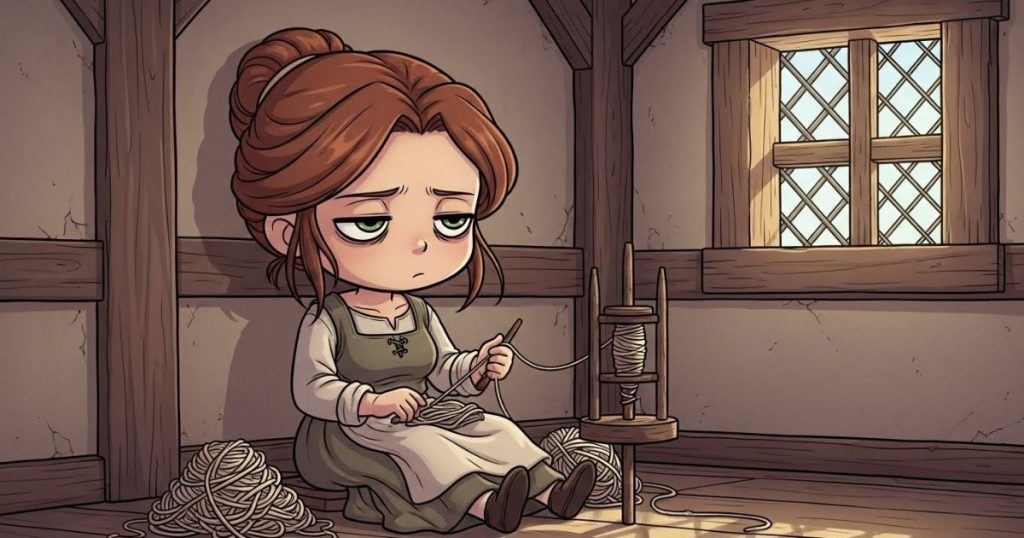 ภาพประกอบนิทานกริมม์เรื่องหญิงปั่นด้ายจอมขี้เกียจ